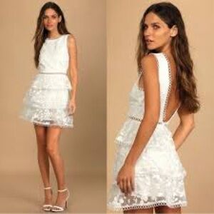 Lulu's White Sleeveless Lace-Trim Dress with a deep V-back